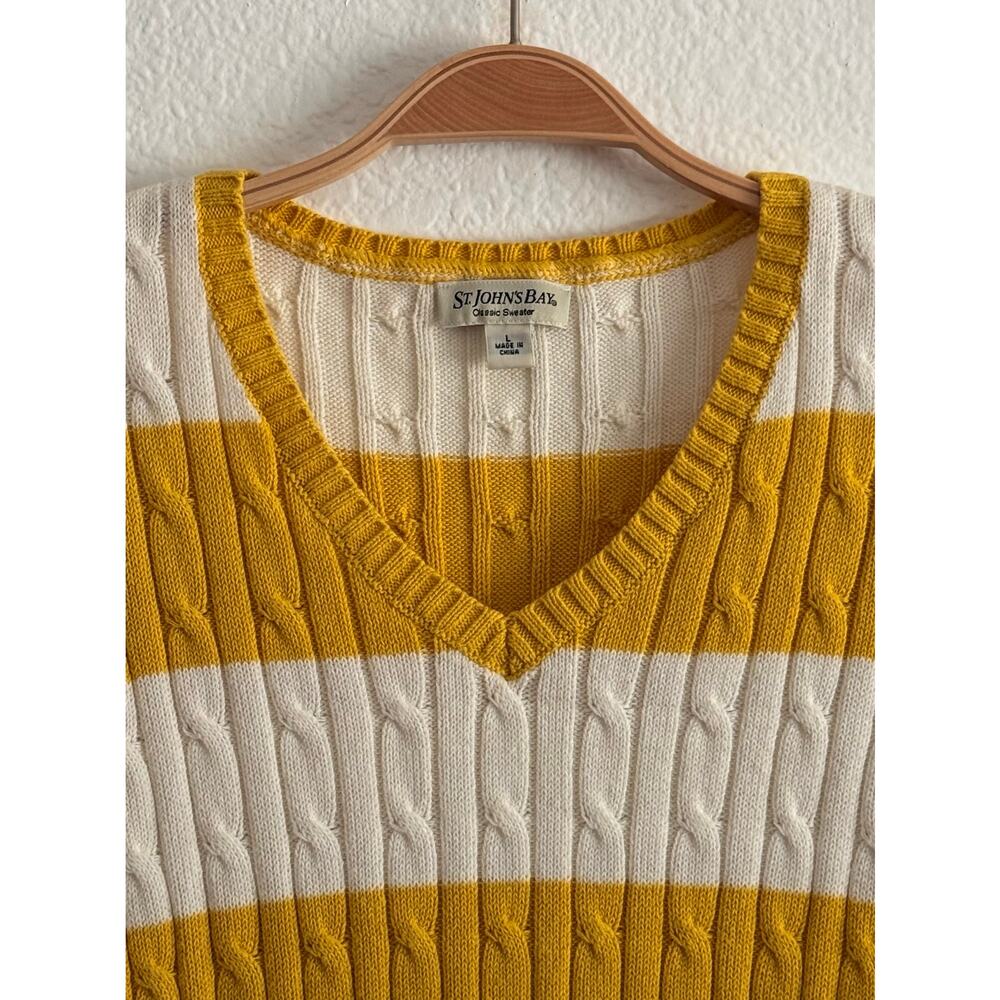 St. John's Bay Yellow Cream Stripe V-Neck Classic Cable Knit Sweater Size Large - Picture 3 of 5